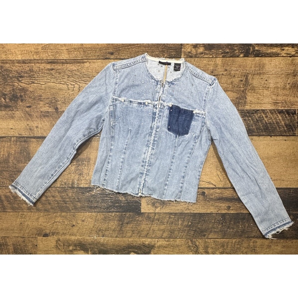 Express Y2K Dazzled Rhinestones Denim Jacket size Large Short Scene Surf Cali